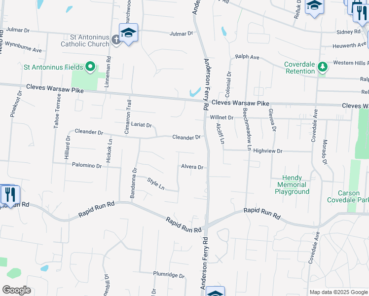 map of restaurants, bars, coffee shops, grocery stores, and more near 5330 Lilibet Court in Cincinnati
