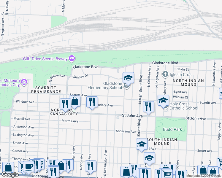 map of restaurants, bars, coffee shops, grocery stores, and more near 315 North Kensington Avenue in Kansas City