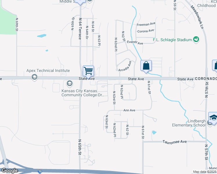 map of restaurants, bars, coffee shops, grocery stores, and more near 6301 State Avenue in Kansas City
