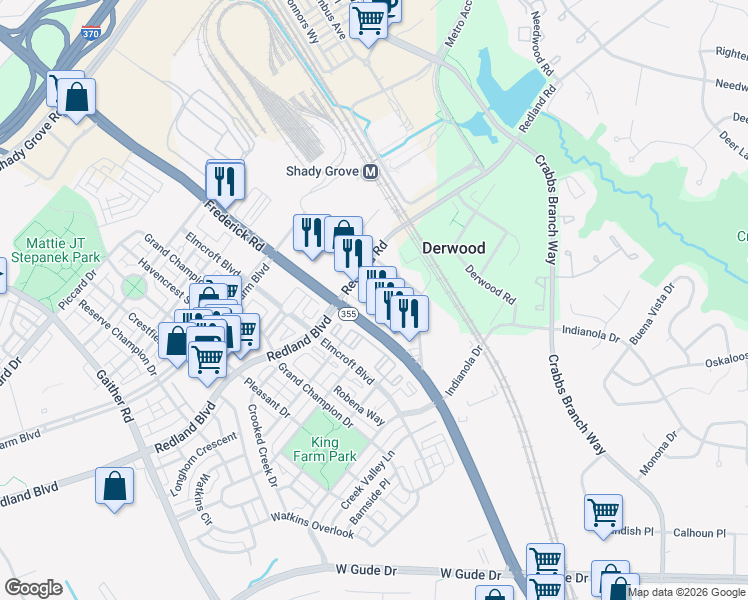 map of restaurants, bars, coffee shops, grocery stores, and more near 15833 Redland Road in Derwood