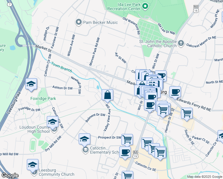 map of restaurants, bars, coffee shops, grocery stores, and more near 100 Dry Mill Road Southwest in Leesburg
