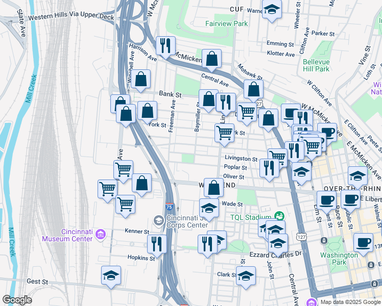map of restaurants, bars, coffee shops, grocery stores, and more near 1727 Baymiller Street in Cincinnati