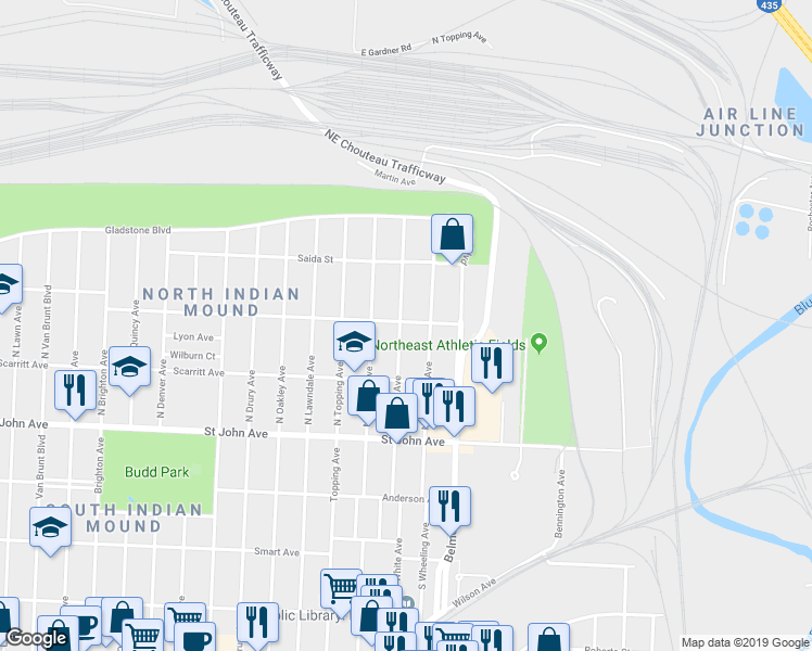 map of restaurants, bars, coffee shops, grocery stores, and more near 6003 Norledge Avenue in Kansas City