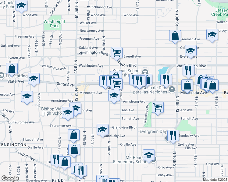 map of restaurants, bars, coffee shops, grocery stores, and more near 1322 Minnesota Avenue in Kansas City