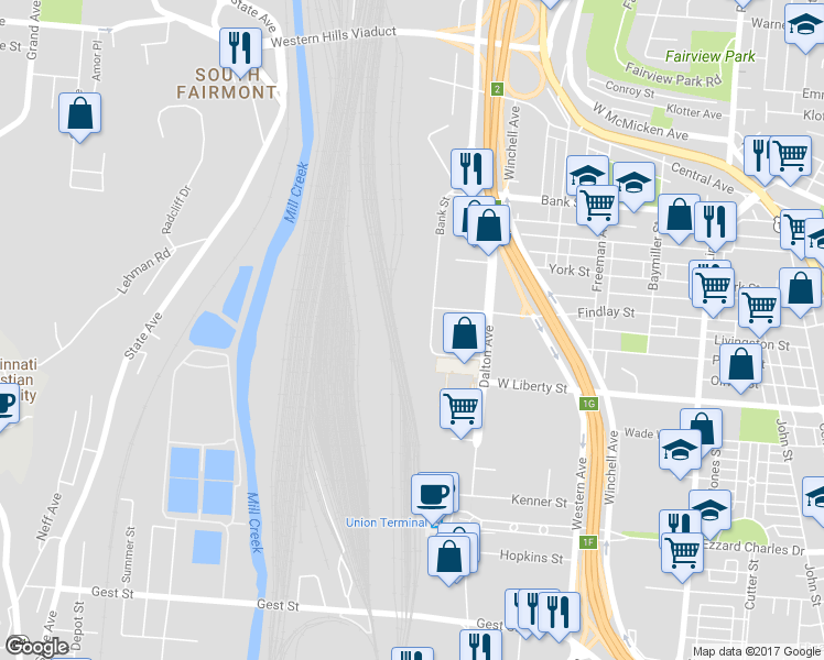 map of restaurants, bars, coffee shops, grocery stores, and more near in Cincinnati