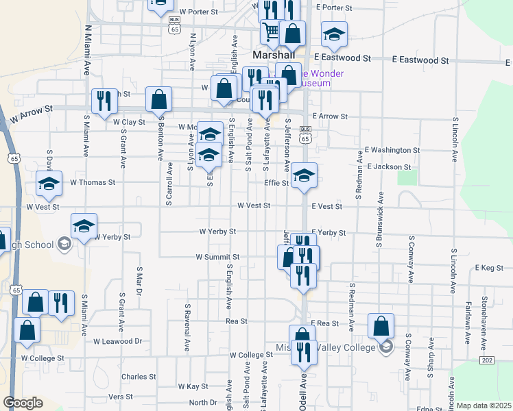 map of restaurants, bars, coffee shops, grocery stores, and more near 150 West Vest Street in Marshall