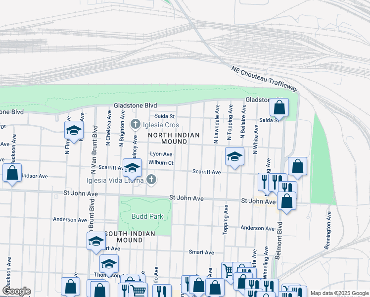 map of restaurants, bars, coffee shops, grocery stores, and more near 337 North Hardesty Avenue in Kansas City