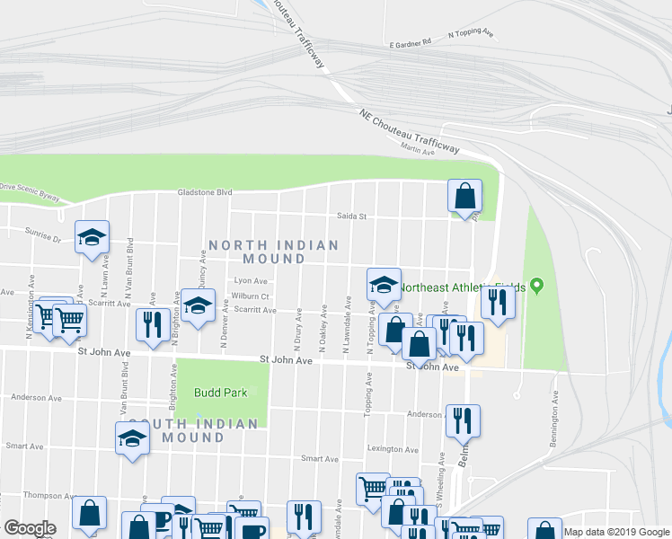 map of restaurants, bars, coffee shops, grocery stores, and more near 5609 Norledge Avenue in Kansas City