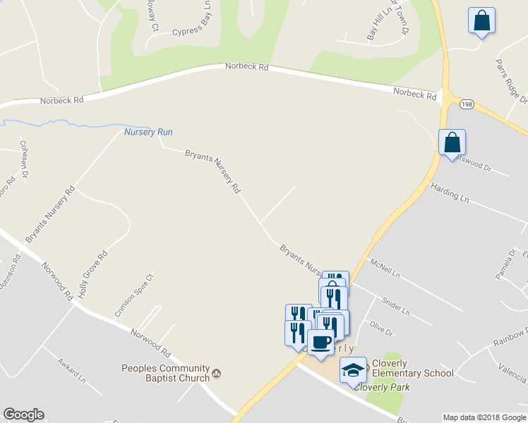map of restaurants, bars, coffee shops, grocery stores, and more near 610 Bryants Nursery Road in Silver Spring