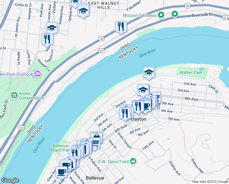 map of restaurants, bars, coffee shops, grocery stores, and more near 615 Manhattan Boulevard in Dayton
