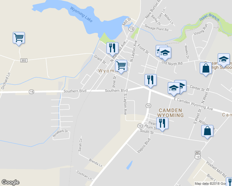 map of restaurants, bars, coffee shops, grocery stores, and more near 108 Southern Boulevard in Wyoming