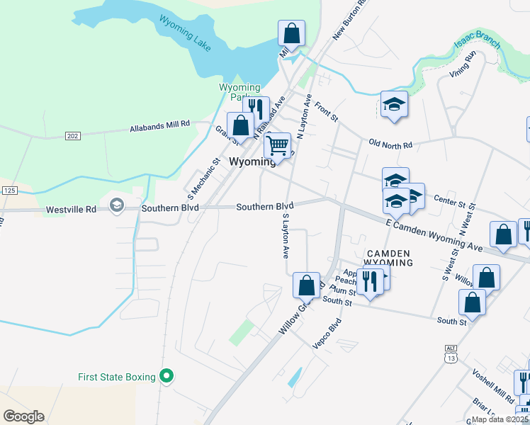 map of restaurants, bars, coffee shops, grocery stores, and more near 108 Southern Boulevard in Wyoming