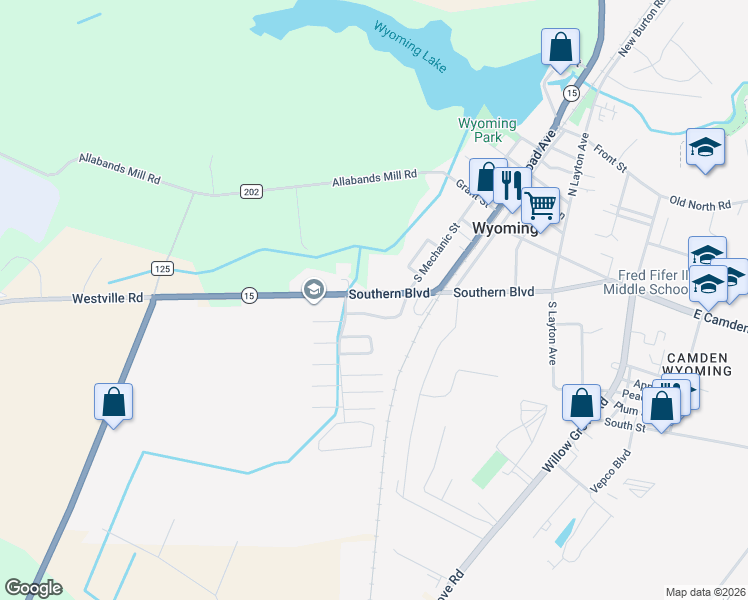 map of restaurants, bars, coffee shops, grocery stores, and more near 308 Southern Boulevard in Wyoming
