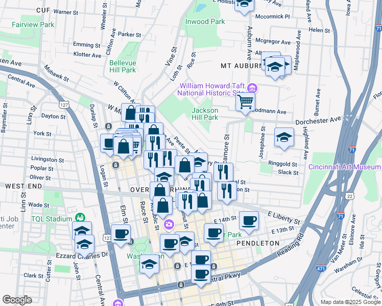 map of restaurants, bars, coffee shops, grocery stores, and more near 206 Peete Street in Cincinnati