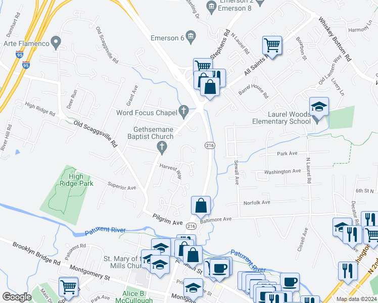 map of restaurants, bars, coffee shops, grocery stores, and more near 9234 Redbridge Court in Laurel