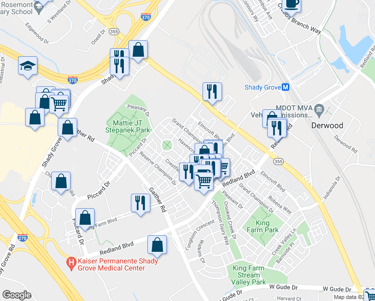 map of restaurants, bars, coffee shops, grocery stores, and more near 1000 Havencrest Street in Rockville