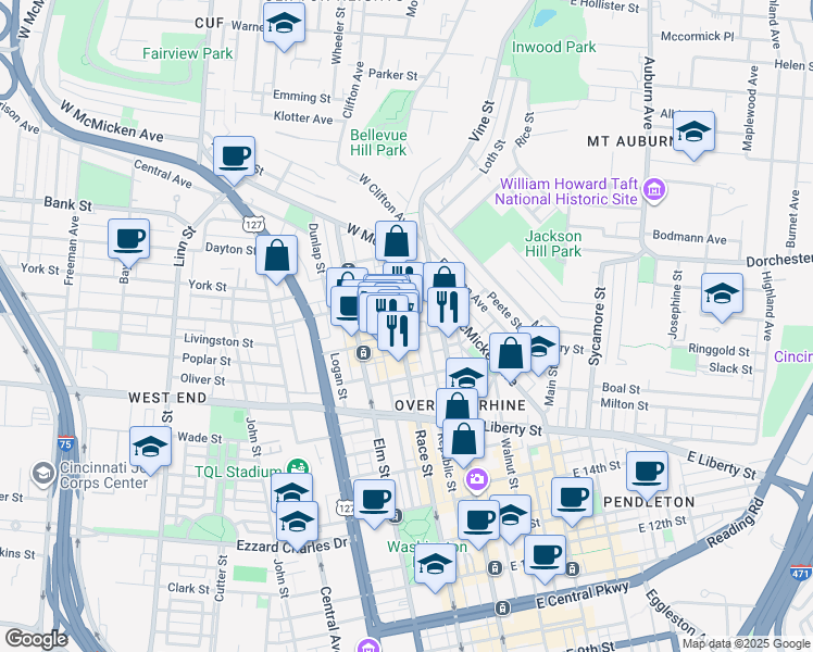 map of restaurants, bars, coffee shops, grocery stores, and more near 1808 Race Street in Cincinnati