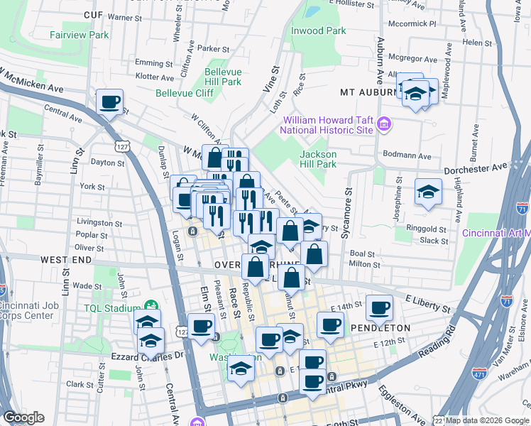 map of restaurants, bars, coffee shops, grocery stores, and more near 21 West 13th Street in Cincinnati