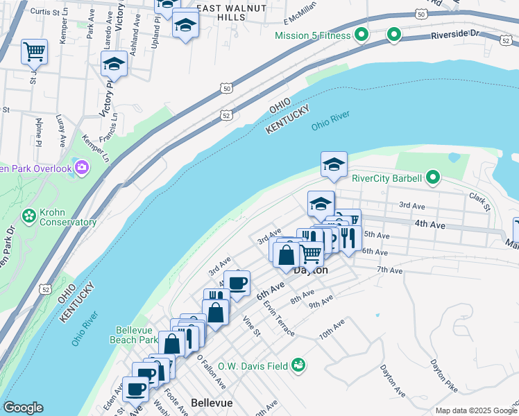 map of restaurants, bars, coffee shops, grocery stores, and more near 615 Manhattan Boulevard in Dayton