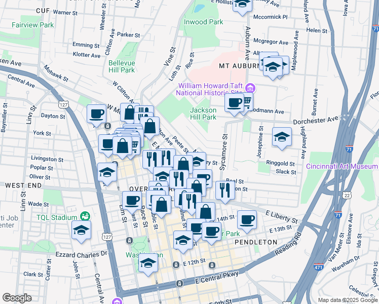 map of restaurants, bars, coffee shops, grocery stores, and more near 206 Peete Street in Cincinnati