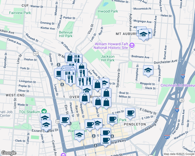 map of restaurants, bars, coffee shops, grocery stores, and more near 139 East Clifton Avenue in Cincinnati