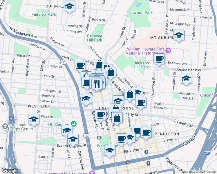 map of restaurants, bars, coffee shops, grocery stores, and more near 19 West Elder Street in Cincinnati