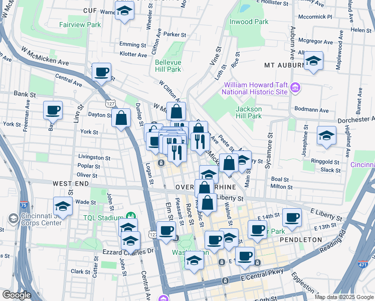 map of restaurants, bars, coffee shops, grocery stores, and more near 19 West Elder Street in Cincinnati