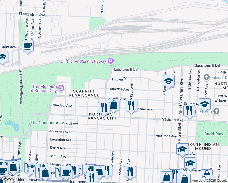 map of restaurants, bars, coffee shops, grocery stores, and more near 310 Clinton Place in Kansas City