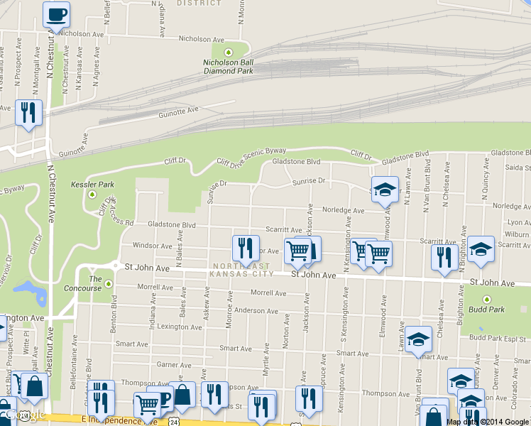 map of restaurants, bars, coffee shops, grocery stores, and more near 310 Clinton Place in Kansas City