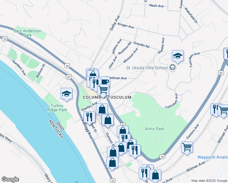 map of restaurants, bars, coffee shops, grocery stores, and more near 429 Stanley Avenue in Cincinnati