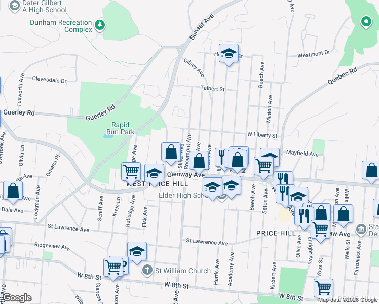 map of restaurants, bars, coffee shops, grocery stores, and more near 1230 Dewey Avenue in Cincinnati