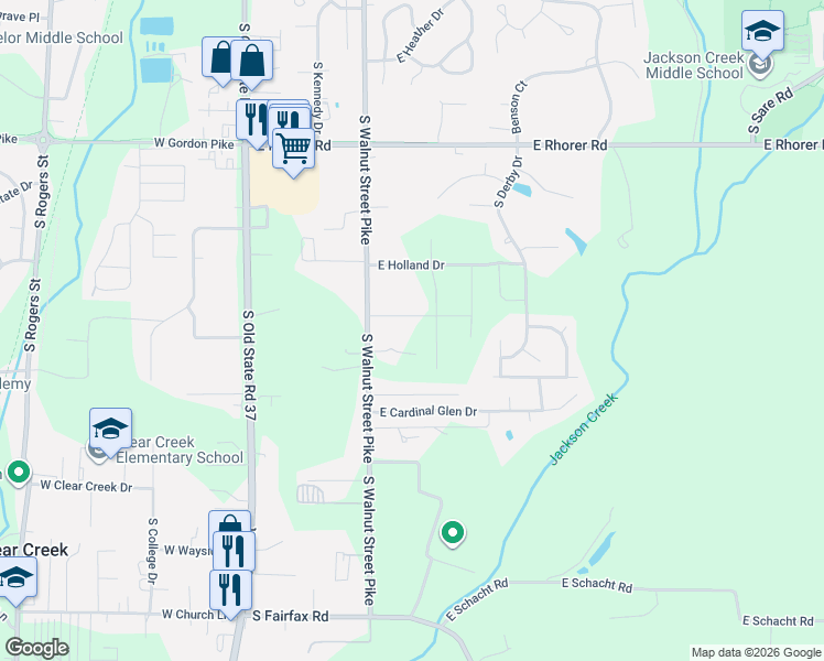 map of restaurants, bars, coffee shops, grocery stores, and more near 4418 South Windmill Lane in Bloomington