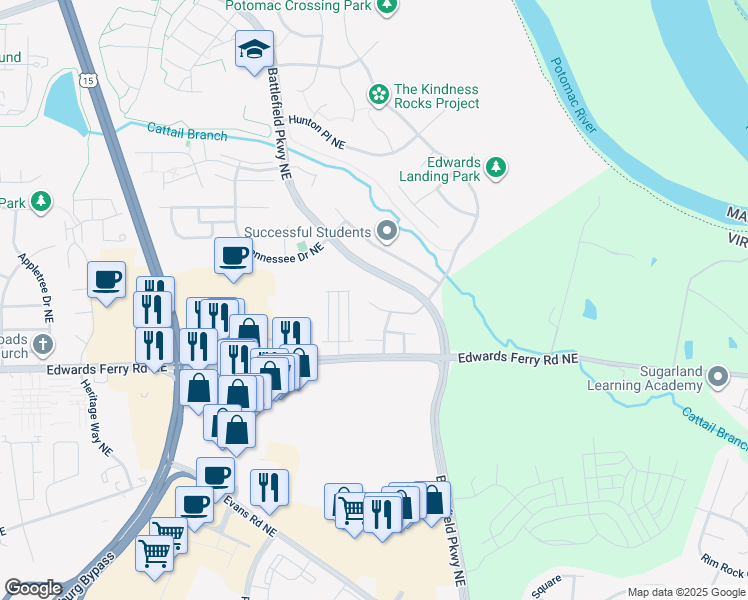map of restaurants, bars, coffee shops, grocery stores, and more near 1538 Artillery Terrace Northeast in Leesburg