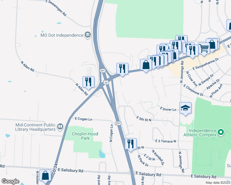 map of restaurants, bars, coffee shops, grocery stores, and more near 657 North Queen Ridge Court in Independence