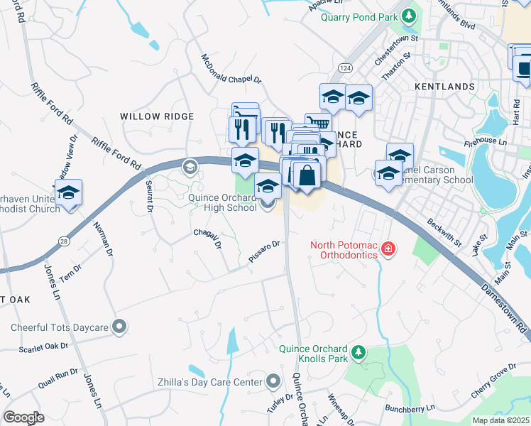 map of restaurants, bars, coffee shops, grocery stores, and more near 15800 Quince Orchard Road in Gaithersburg
