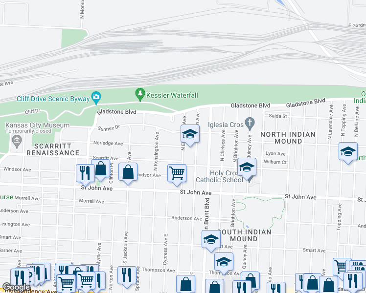 map of restaurants, bars, coffee shops, grocery stores, and more near 4598 Norledge Avenue in Kansas City