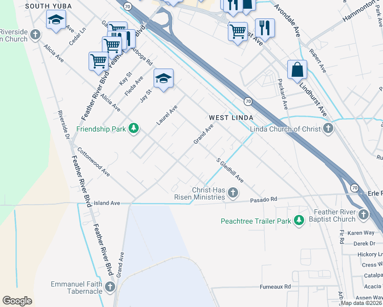map of restaurants, bars, coffee shops, grocery stores, and more near 1132 Grand Avenue in Olivehurst