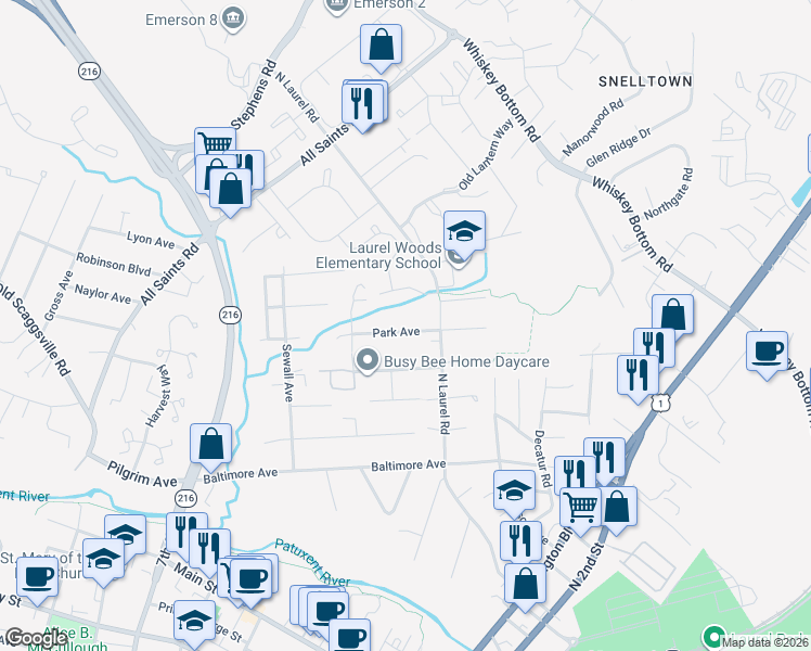 map of restaurants, bars, coffee shops, grocery stores, and more near 9616 Park Avenue in Laurel