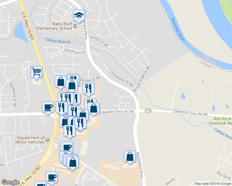 map of restaurants, bars, coffee shops, grocery stores, and more near 1538 Artillery Terrace Northeast in Leesburg