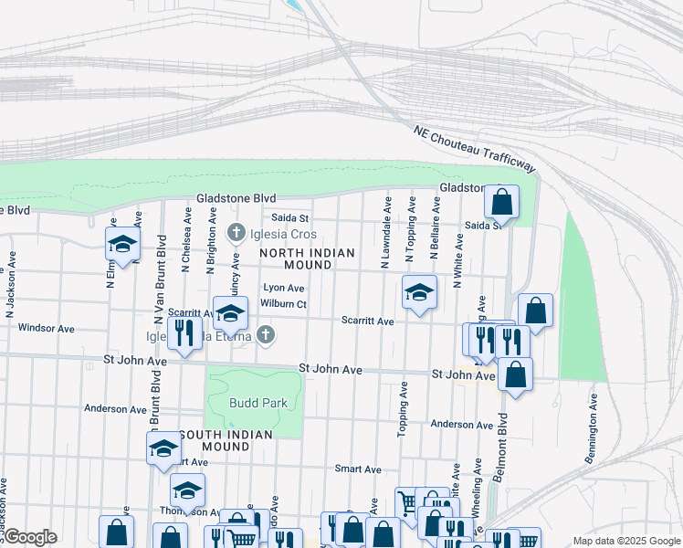 map of restaurants, bars, coffee shops, grocery stores, and more near 334 North Oakley Avenue in Kansas City