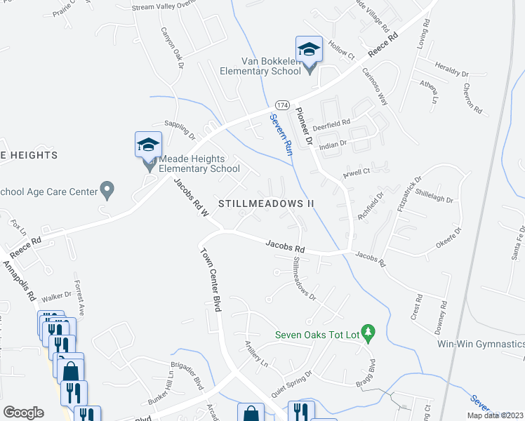 map of restaurants, bars, coffee shops, grocery stores, and more near 8206 Durness Court in Severn
