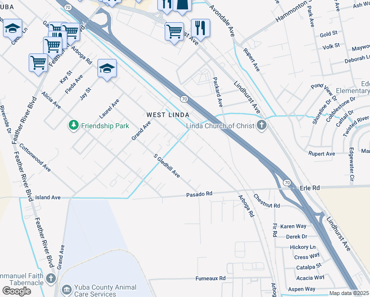 map of restaurants, bars, coffee shops, grocery stores, and more near 5592 Arboga Road in Olivehurst