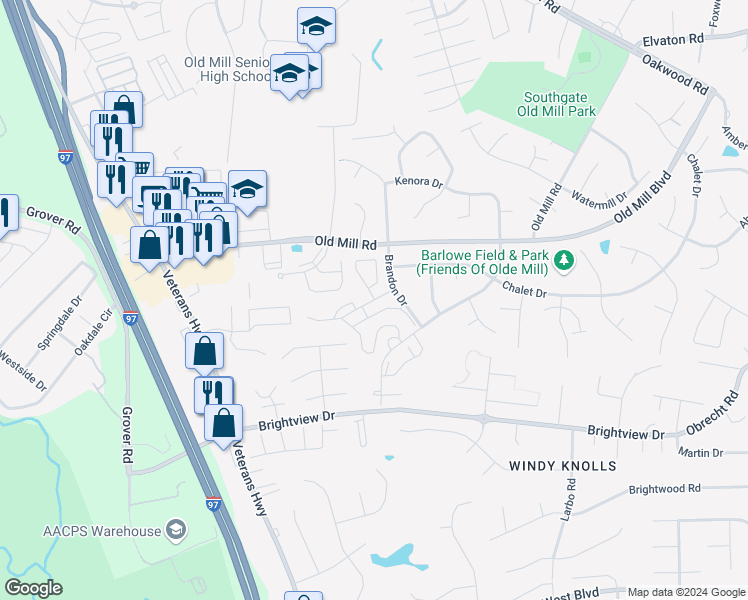 map of restaurants, bars, coffee shops, grocery stores, and more near 498 Cornwall Road in Millersville