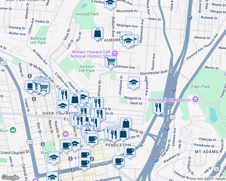 map of restaurants, bars, coffee shops, grocery stores, and more near 1905 Bigelow Street in Cincinnati