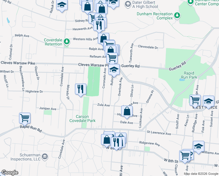 map of restaurants, bars, coffee shops, grocery stores, and more near 1141 Rulison Avenue in Cincinnati