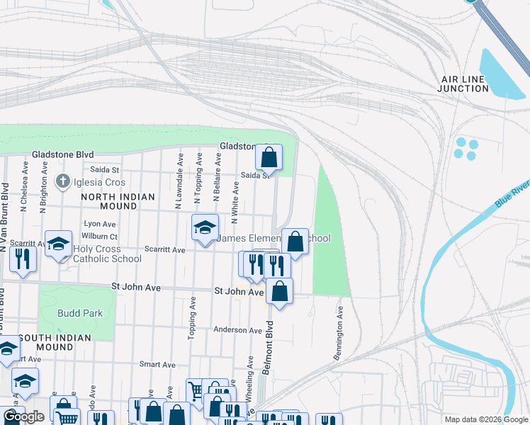 map of restaurants, bars, coffee shops, grocery stores, and more near 341 North Belmont Boulevard in Kansas City
