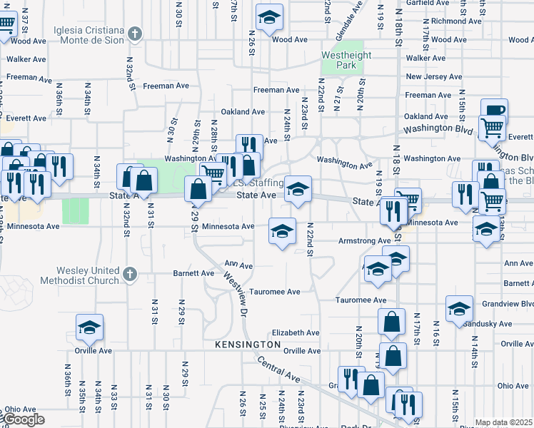 map of restaurants, bars, coffee shops, grocery stores, and more near 2512 Minnesota Avenue in Kansas City