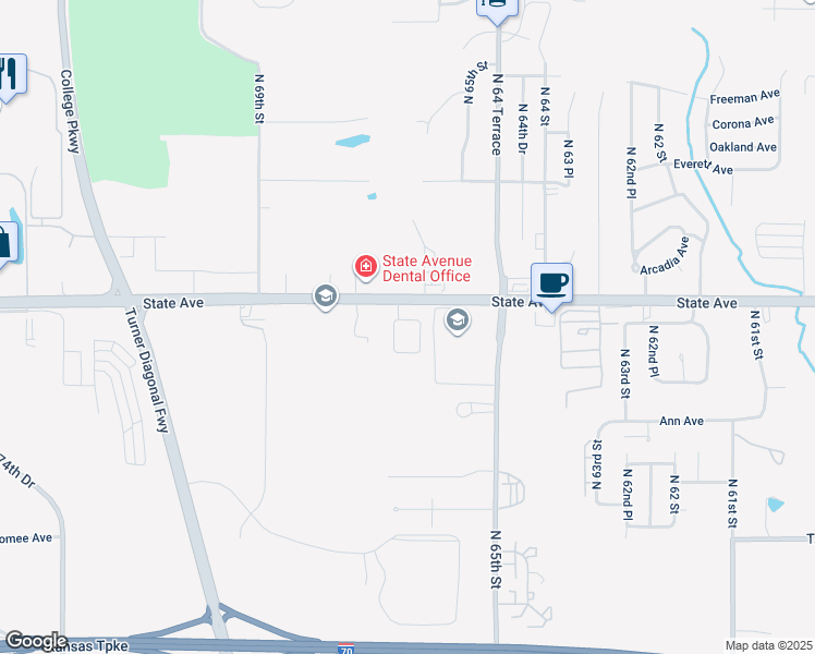 map of restaurants, bars, coffee shops, grocery stores, and more near 6629 State Avenue in Kansas City