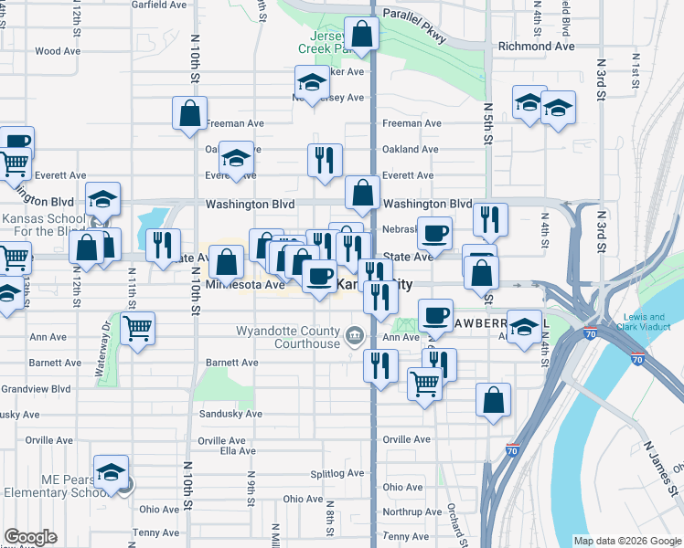 map of restaurants, bars, coffee shops, grocery stores, and more near 749 Minnesota Avenue in Kansas City