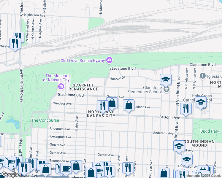 map of restaurants, bars, coffee shops, grocery stores, and more near 3917 Norledge Avenue in Kansas City
